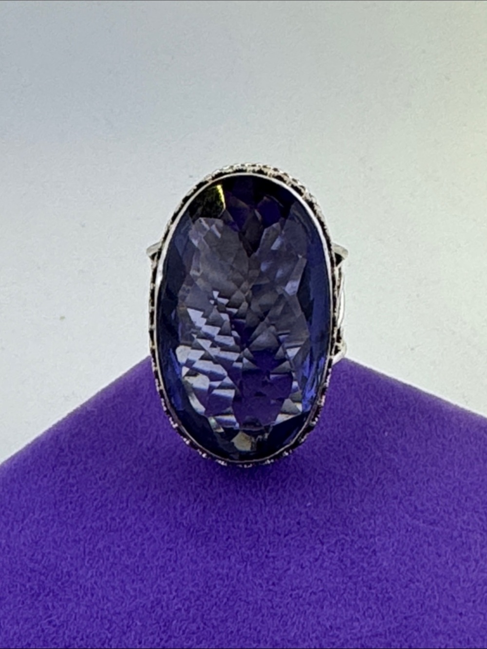 💛 Classic Sterling Silver Plated Oval Purple Blue Gemstone Cocktail Ring